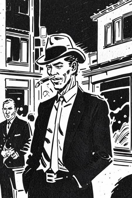 <lora:carlosgimenez:1> gimenez black and white drawing close portrait of a detective wearing trilby and 1950s suit, lighting a cigarette in a dark city street, cinematic angle