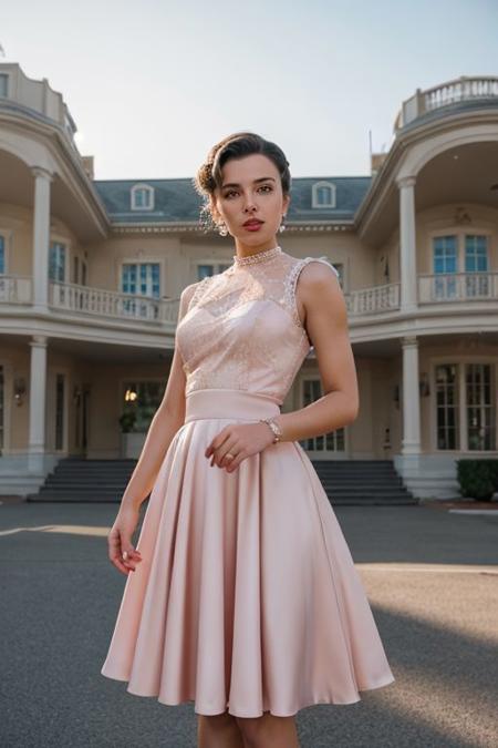 In a film noir-style setting, a medium shot captures the beautiful face of a girl with bun hair outdoors on a sidewalk, radiating maturity and elegance. Adorned with various Bvlgari jewelry pieces, she wears a blush pink shiny satin A-line dress with a fitted bodice and softly flared knee-length skirt. The sleeveless design and white lace trim neckline are complemented by subtle pleats and gathers, adorned with a brooch and rhinestone buckle, adding to the vintage charm. An opulent mansion stands as a symbol of wealth, affluence, luxury, and abundance, exuding grandeur, magnificence, splendor, and extravagance. The scene is enhanced by the color palette, high contrast, and dramatic shadows, creating a 1940s-style cinematic look that evokes mystery and allure reminiscent of action films' intense sequences featuring heroic characters or adrenaline-fueled excitement.