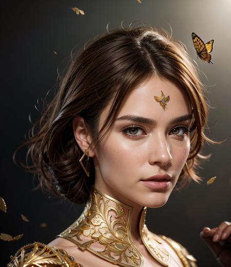 8k portrait of beautiful cyborg with brown hair, intricate, elegant, highly detailed, majestic, digital photography, art by artgerm and ruan jia and greg rutkowski surreal painting gold butterfly filigree, broken glass, (masterpiece, sidelighting, finely detailed beautiful eyes: 1.2), hdr