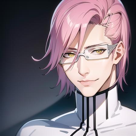 artstation, best quality, masterpiece, ultra detailed illustration, face portrait, <lora:Szayelaporro4:0.7>,  1man, young, slim, ((clean shaven)), Szayelaporro, pink hair, yellow eyes, handsome attractive adult man, tall, slim, white glasses, solo, white turtleneck, white hakama, handsome, highres