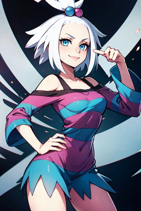 Roxie (pokemon), blue eyes, white hair, hair bobbles, topknot, Roxie (pokemon), blue eyes, white hair, hair bobbles, topknot,  striped dress, 