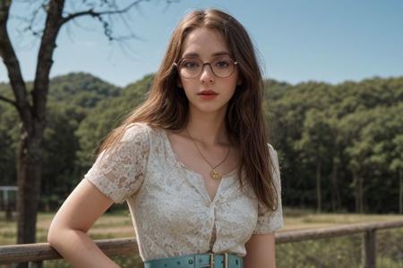 35mm film, one pretty european girl, solo, supermodel, long light brown hair, long wavy hair, pale skin, perfect face, small nose, blue eyes, lips, big tits, nice breasts, necklace, wearing glasses, jewelry, blue lace dress with belt, red stockings, white shoes, looking at viewer, looking directly at viewer, a breathtaking forest view, offering panoramic views of majestic and sweeping trees, nature light, spring season, full body, epiCPhoto, <lora:pytorch_lora_weights:0.5>, <lora:picxer_real:0.7>, <lora:FilmVelvia3:0.3>, <lora:more_details:0.6>