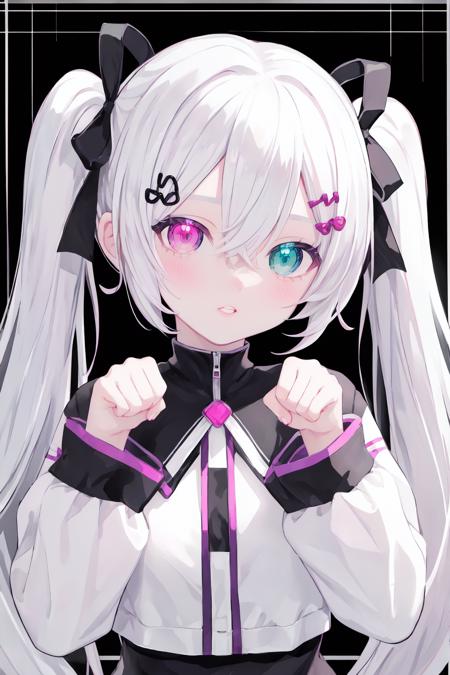 1girl,solo,twintails,heterochromia,hair ornament,long hair,ribbon,looking at viewer,hair ribbon,hairclip,blue eyes,purple eyes,parted lips,pink eyes,white hair,upper body,long sleeves,bangs,bow,black ribbon,hatsune miku,hair bow,paw pose,