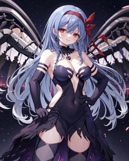 ,black dress, 1girl, solo, argyle legwear, smile, wings, argyle, looking at viewer, cleavage, huge breasts, feathered wings, black wings,  standing, hand on hip, navel
starry sky,  , <lora:AkumaHomuraBlackDress:1>,
black gloves, 
irisx,red eyes,  <lora:IrisHeart:0.7>,blue hair, elbow gloves, hair ribbon, red hairband,