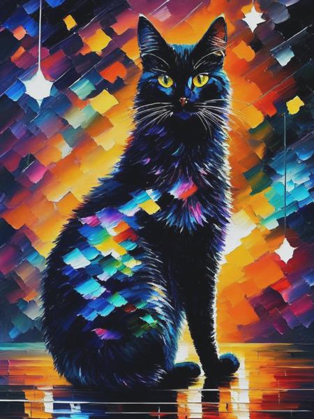 <lyco:LeonidAfremov:1.0> a black cat sitting from the perspective with its back to the viewer in a stary night by Leonid Afremov