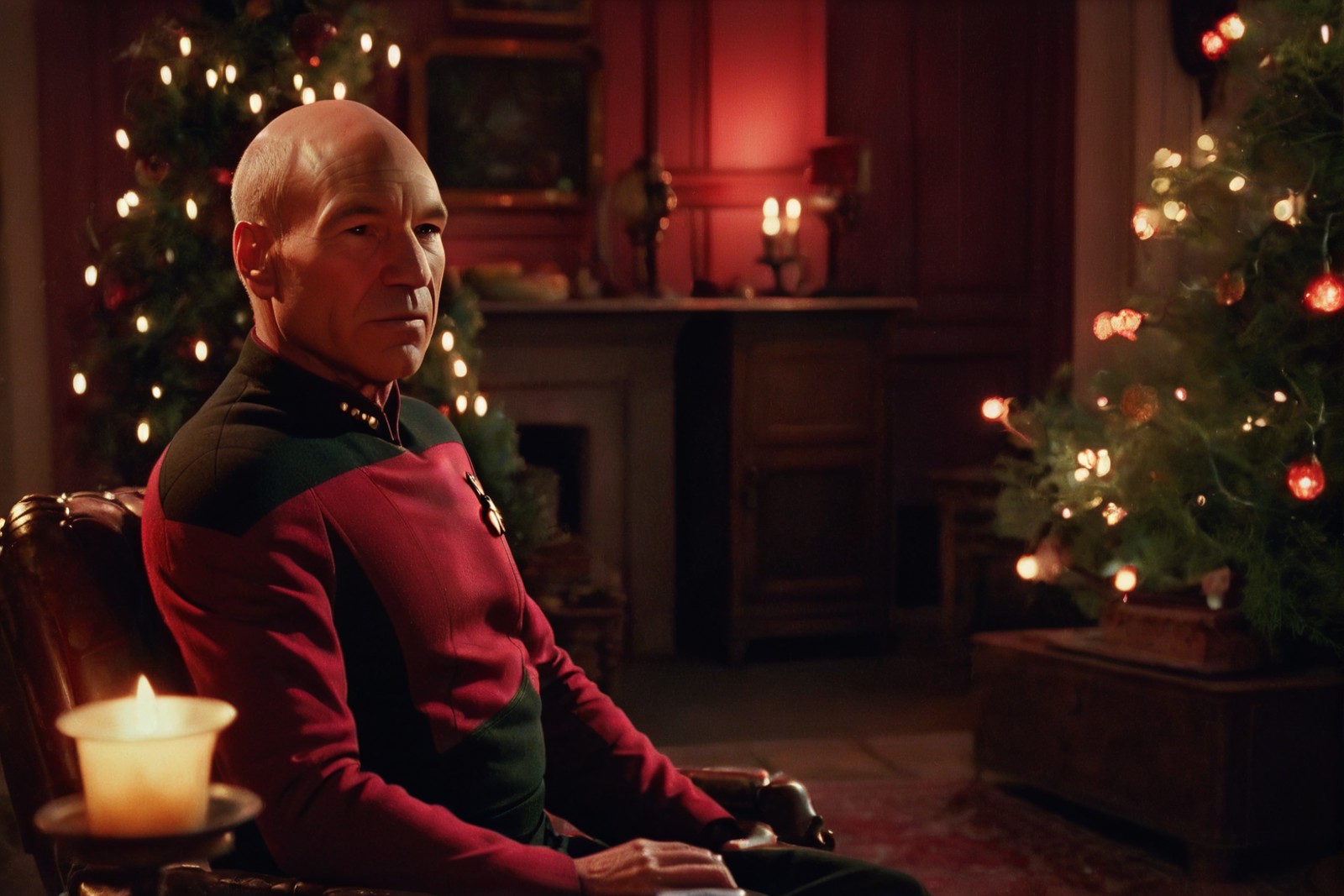 picard wearing a red Starfleet uniform, dark, 19th century home, antique furniture, Christmas, tree, lights, warm light, c...