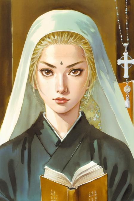 highlight on eyes，
takehiko style, best quality, masterpiece, detailed, aesthetic, pseudo impasto, blonde hair, church, 1girl, holding, nun, hair over one eye, book, indoors, cross, jewelry, holding book, necklace, medium hair, robe