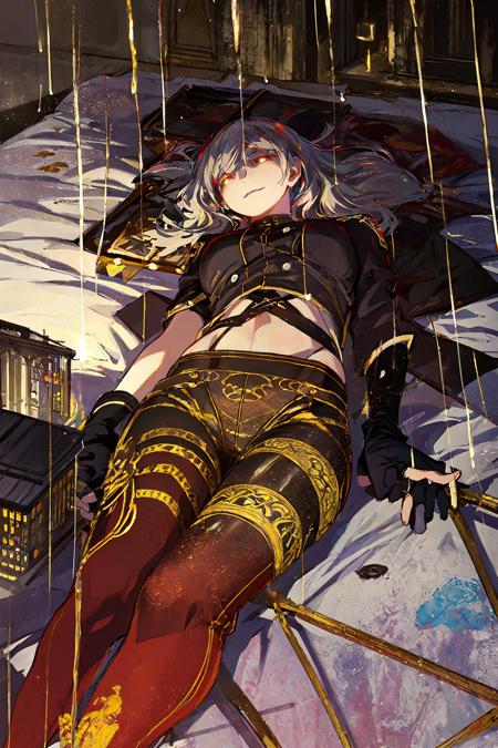 1girl, lying, sleeping, on bed, from above, smile, closed eyes, asymmetrical hair, hair extensions, metallic pants, thick thighs, gloves, glowing eyes, scenery, melancholic, depression, ferris wheel, decay towers, falling raindrop, outdoors, painting \(medium\), tkstyle, best quality, vivid coloring, masterpiece <lora:tkstyle_2:0.8>