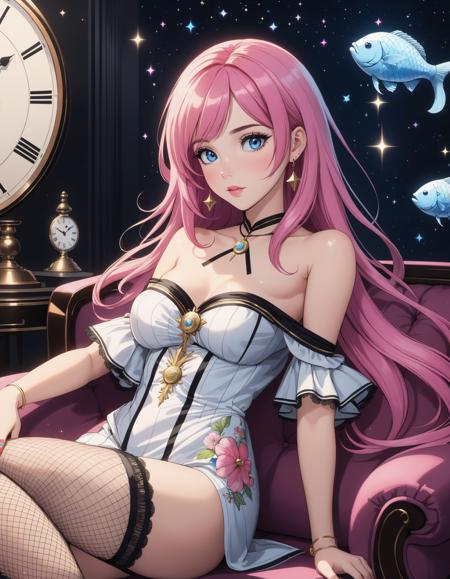 1girl, solo, long hair, looking at viewer, blue eyes, dress, bare shoulders, pink hair, multicolored hair, parted lips, nail polish, two-tone hair, lips, fingernails, pillow, makeup, floral print, fishnets, couch, pink nails, sparkle, border, clock, constellation, roman numeral, tarot, cinematic angle, cinematic lighting, dark, dark background, masterpiece, best quality