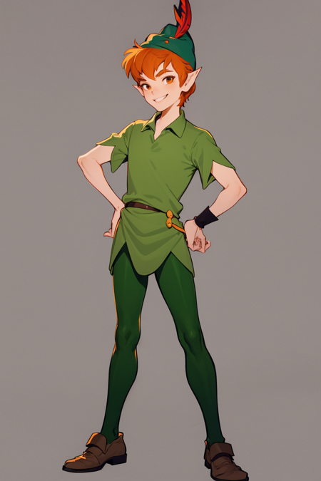 masterpiece, best quality, 1boy, peter pan, short hair, orange hair, full body, green pants, green collared shirt, short sleeves, belt, brown footwear, hands on hips, hat feather, male focus, pointy ears, smile, solo, standing, simple background <lora:PeterPan:1>