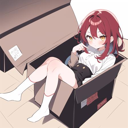 in container, 1girl, solo,red hair,yellow eyes,black skirt,white shirt,full body, sitting ,(box:1),in box,looking at viewer
<lora:in_containerV0.3:1>