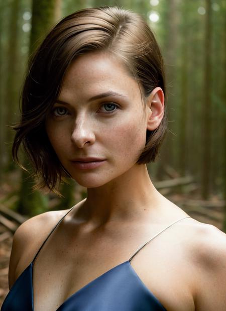 closeup portrait of skswoman, coy , wearing suit , with brown Asymmetrical haircut , background forest epic (photo, studio lighting, hard light, sony a7, 50 mm, matte skin, pores, colors, hyperdetailed, hyperrealistic), <lyco:Rebecca Ferguson:1.2>