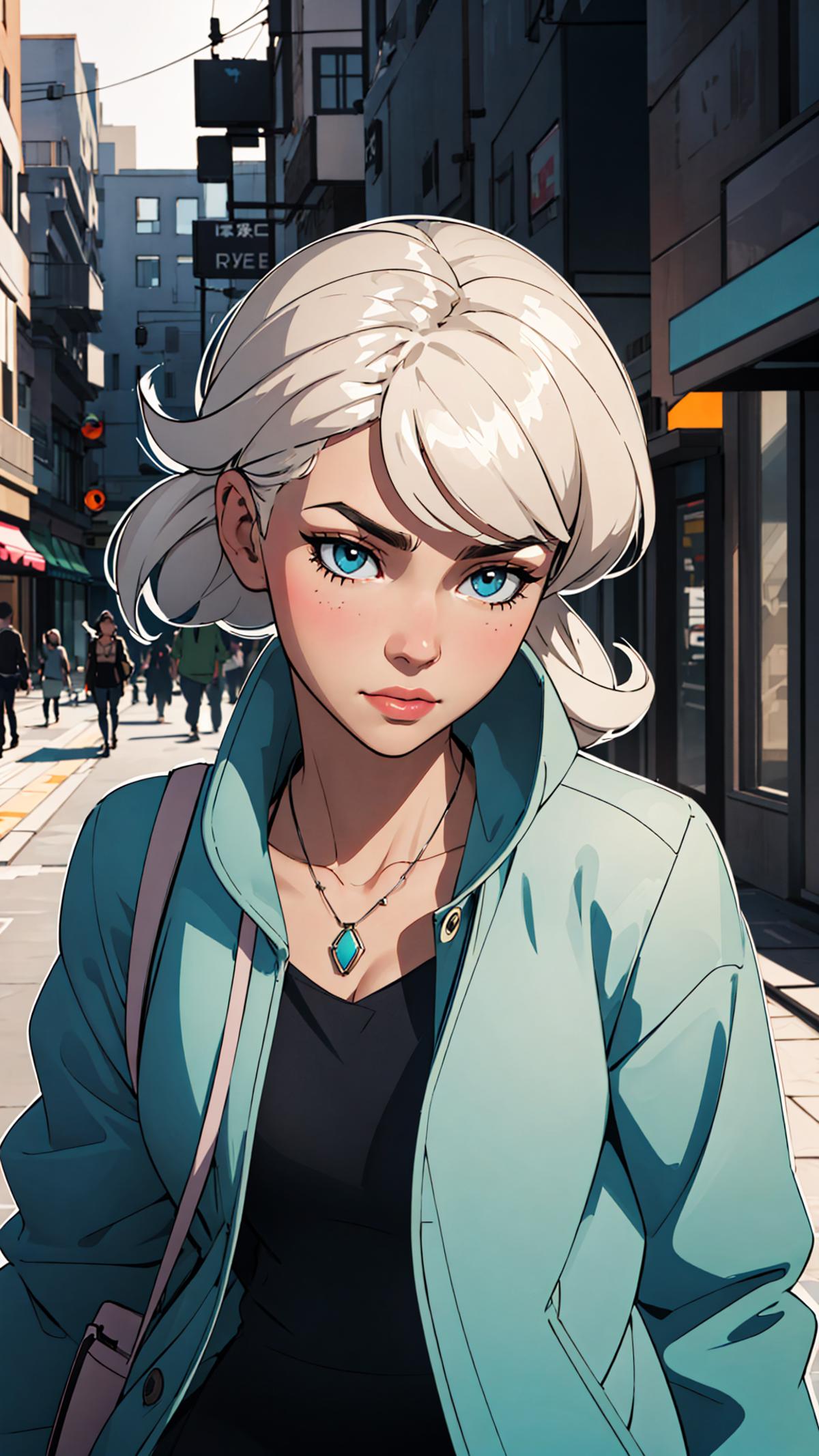 Drawing of a woman with blue eyes, blonde hair, and a blue jacket on a city street.
