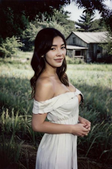 An 18-year-old young Korean woman, <lora:pornpolaroidphoto_V2:0.8> braided hair ,dressed in Off-Shoulder Sundress, standing in a rustic farm setting. She has a soft, gentle smile, expressive eyes and sexy cleavage. The background features a charming barn, fields of golden wheat, and a clear blue sky. The composition should be bathed in the warm, golden hour light, with a gentle depth of field and soft bokeh to accentuate the pastoral serenity. looking at viewer, Polaroid SX-70,pornpolaroidphoto style