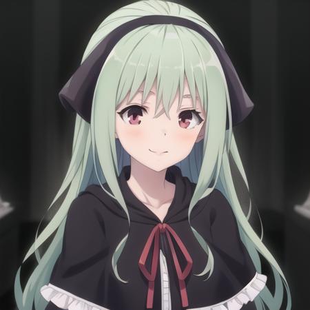 (masterpiece, best quality:1.2),illustration,8k,hd,absurdres,1girl,solo,upper body,(portrait:1.2),long hair,smile,zettai ryouiki,black thighhighs,dress,neck ribbon,looking at viewer,long sleeves,hair band,capelet,green hair,black dress,red eyes,ribbon,bangs,frills,loafers,<lora:Ilia_(trinity_seven)>,