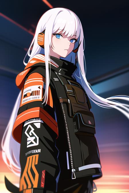 1girl, white hair, long hair, techwear  <lora:strlxsslora:1>, masterpiece, bestquality, realistic, realism