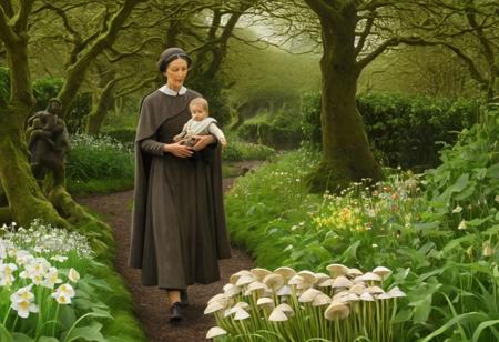 Close up Portrait of the matron guiding the Dryad Child towards wisdom, surrounded by flowers, gardens, trees, and mushrooms, nurturing and wise presence
[(inspired by Andy Goldsworthy, Harold Harvey:1.30) ::0.40], (Inspired by Andy Goldsworthy, Harold Harvey), [natural art: realistic landscapes: 0.70], [impressionist style: detailed textures: 0.60], artwork influenced by the styles of Andy Goldsworthy and Harold Harvey
