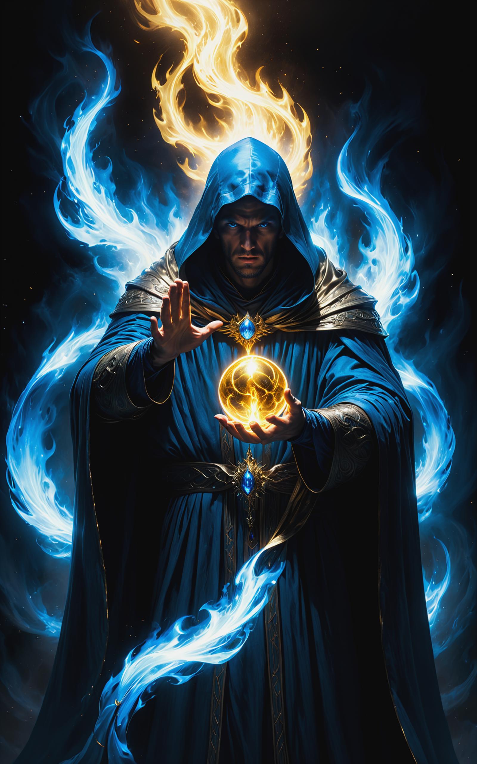 A man in a blue cloak holding a golden orb.