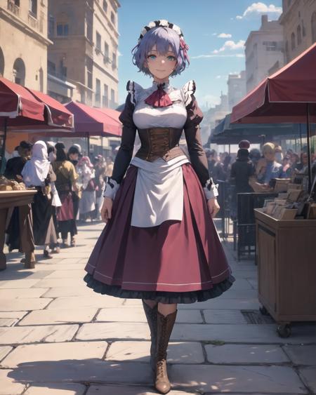 best quality, (masterpiece:1.2), illustration, absurdres,
(1girl, solo), (beautiful detailed girl), full body shot,,
<lora:SharonMaid-08:0.85>, Sharon Kreuger, lavender hair, short hair, aqua eyes, medium breasts,
maid headdress, burgundy maid outfit, long skirt, frills, brown boots,
desert city, middle east, middle eastern terrain, middle eastern architecture, cloudless sky, sun, day, cobblestone street, market stalls, bazaar, (crowd:1.2), middle eastern market,,
looking at viewer, gentle smile