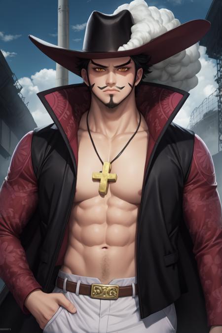 ANIME_OP_dracule_mihawk_ownwaifu,www.ownwaifu.com,  facial hair,beard,abs,black hair,yellow eyes,mustache,muscular,pectorals,goatee,long sideburns,sideburns,short hair,spiked hair,manly,toned,stubble,thick_eyebrows,  hat,jewelry,necklace,belt,coat,pants,open clothes,cross,pirate hat,cross necklace,cape,open coat,bare pectorals,black headwear,fur trim,latin cross,long coat,navel,jacket,open_jacket,topless male,hat_feather,white_pants,   yoru_(sword), sword_on_back,