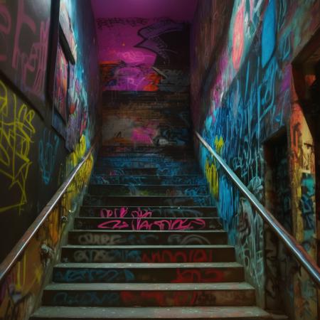 photo staircase at night, 80s, <lora:UrbanGraffiti:1>, UrbanGraffiti, cinematic light, (masterpiece:1.3), (intricate:1), best quality,