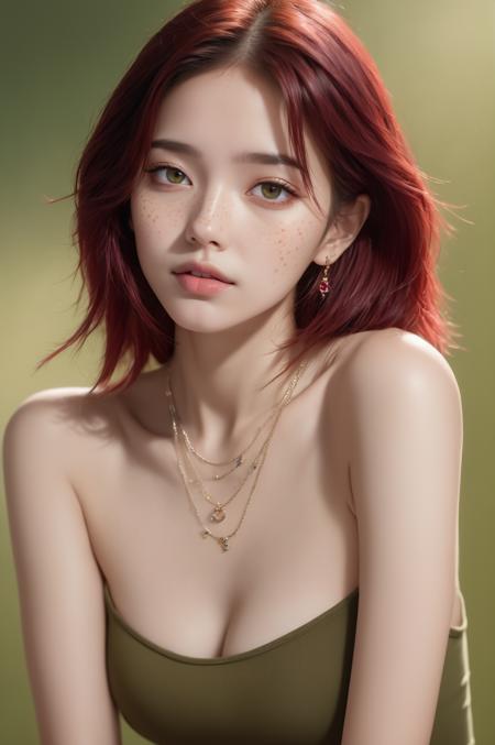 [Bare shoulder], 1 girl, adult woman, freckles,mole, ruby eyes, colored inner hair hair, kneehighs,simple background,(Olive gradient background:1.3), (masterpiece,best quality:1.6),Surprising, Sony a7 IV Mirrorless Camera ,Motion blur, necklace ,earrings , ultra realistic,32k,RAW photo,(high detailed skin:1.2)