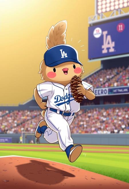ral-pinecone, score_9, score_8_up, score_7_up, located at a baseball field ((Koikelhondie runs from the mound to the home with a pine cone)) wearing a Dodgers uniform, adorable expression,
