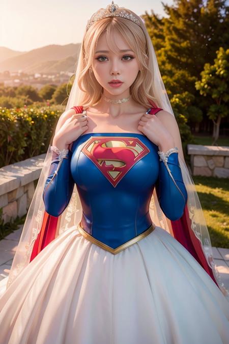 <lora:betterCuteAsian03:0.3>, (blue and white supergirl wedding dress,wearing wedding princess dress, wearing supergirl_cosplay_outfit:1.3), sunset, 
good hand,4k, high-res, masterpiece, best quality, head:1.3,((Hasselblad photography)), finely detailed skin, sharp focus, (cinematic lighting), night, soft lighting, dynamic angle, [:(detailed face:1.2):0.2], medium breasts, outside, <lyco:supergirl_wedding-10:0.4>