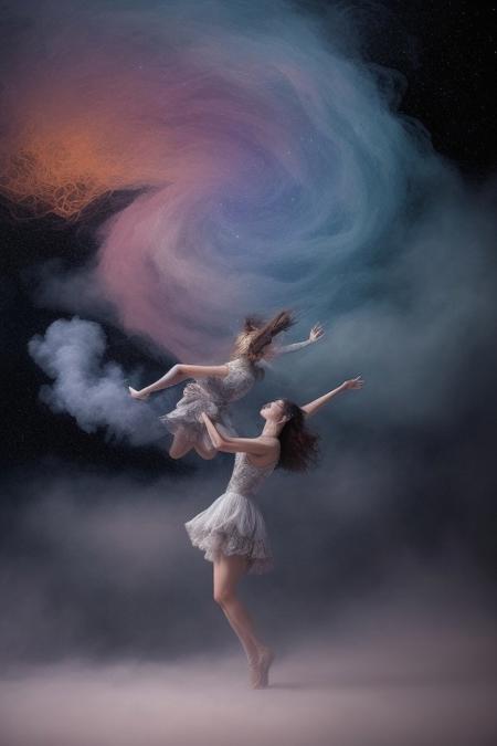 surreal, waltz of fractal smoke over the abyss, fantasy smoke, dresses and stars, dynamics, movement, wind, colorful, intricate details, perspective, hyper-detailed, hyper-realism, professional photoshoot