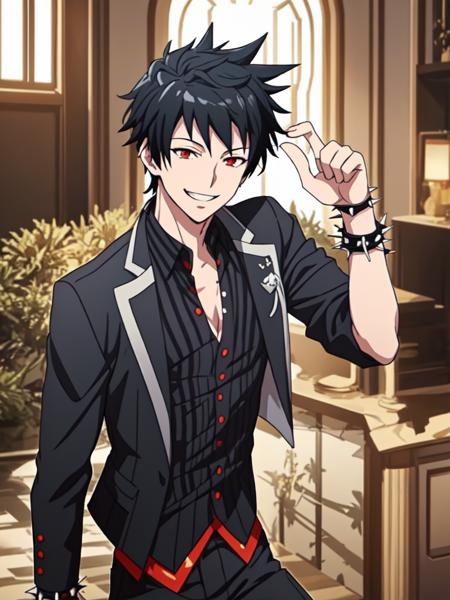 KuroishiYuuto_v1 black hair spiked hair red eyes white jacket striped shirt black fur idol clithes white shirt jewelry necktie denim