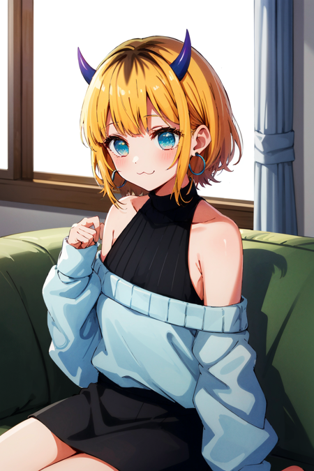 masterpiece, high quality, highres, memcho,  <lora:memcho:0.7>, indoors, cowboy shot, black skirt,  shirt, off shoulder, off-shoulder sweater, (light blue sweater:1.2), (tiny horns), (:3:1.2), sleeveless shirt, high neck sleeveless shirt, black shirt, sweater, sweater sleeves past wrists, sitting, hoop earrings