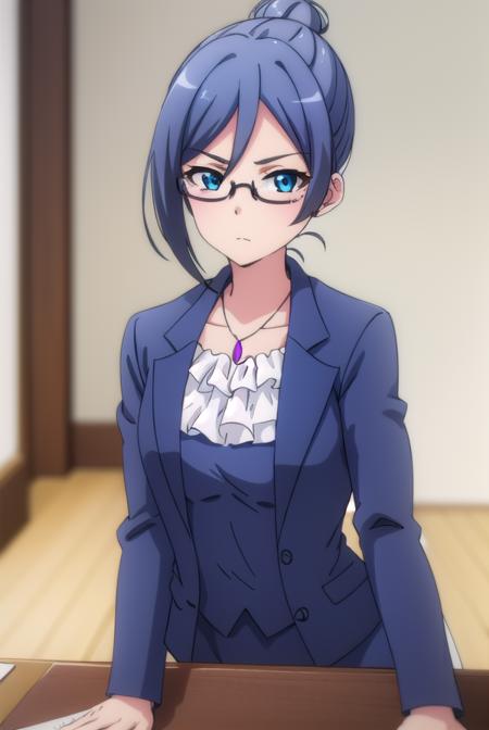 beatriceroegner, <lora:beatrice roegner s2-lora-nochekaiser:1>,
beatrice roegner, short hair, blue eyes, blue hair, glasses, hair bun, single hair bun, semi-rimless eyewear,
BREAK skirt, shirt, jewelry, collarbone, jacket, white shirt, pantyhose, necklace, blue skirt, black pantyhose, formal, single hair bun, suit, blue jacket, pencil skirt, teacher, skirt suit,
BREAK indoors, classroom,
BREAK looking at viewer,
BREAK <lyco:GoodHands-beta2:1>, (masterpiece:1.2), best quality, high resolution, unity 8k wallpaper, (illustration:0.8), (beautiful detailed eyes:1.6), extremely detailed face, perfect lighting, extremely detailed CG, (perfect hands, perfect anatomy),