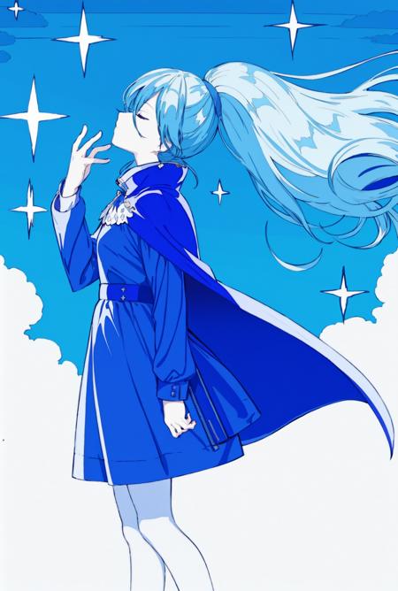 1girl, long hair, blue theme, solo, cloud, sparkle, dress, sky, ponytail, floating hair, profile, feet out of frame, from side, long sleeves, closed eyes, cape, limited palette, hand up, monochrome, standing <lora:焦茶6-000013_1 _baoliuhuafeng3:1>
