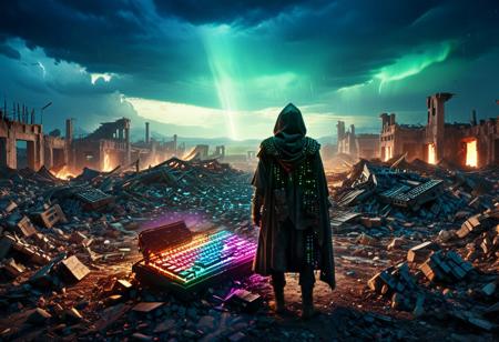 A post-apocalyptic wasteland lit only by a single glowing RGB keyboard, half-buried in rubble. A lone wanderer in a tattered cloak reaches out toward it, eyes glowing with hope. The sky is dark, with traces of binary code raining down. Moody atmosphere, cinematic composition, strong color contrast --v 5 --ar 3:2 --style dystopian cyber