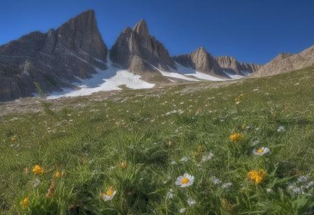 World's most beautiful rocky mountains during spring, 
fresh greenery on craggy cliffs, 
melting snow caps against a clear blue sky, 
scattered wildflowers in the foreground, 
location in unknown mountain range, 
morning sun casting long shadows, 
composition with leading lines directing to the majestic peaks, 
HDR photography, 
ultra-realistic, 
vivid colors, 
golden ratio.