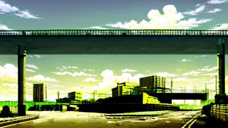 masterpiece,best quality,monogatari_style,city,building,expressway,overpass,bridge,(green sky,green theme:1.5),<lora:wuyu_style-000055:1>