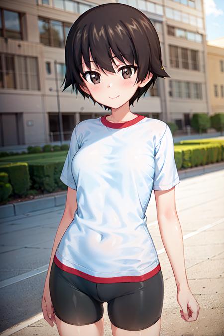 masterpiece, best quality, 1girl, solo, girls und panzer, isobe noriko, white shirt, bike shorts, sports arena <lora:Isobe Noriko:0.6>