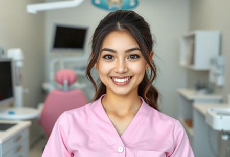 medium shot, symmetrical front view of a Beautiful real young woman, pink clinic uniform, dental work space at the background