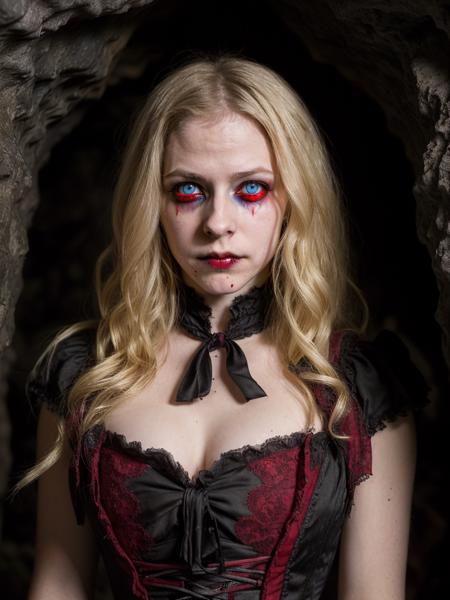 a portrait photo of vampire blonde woman (covered in blood:1.1), victorian dress, (dark cave:1.2), 4k, high detailed, intricate, accurate <lora:avril:1>