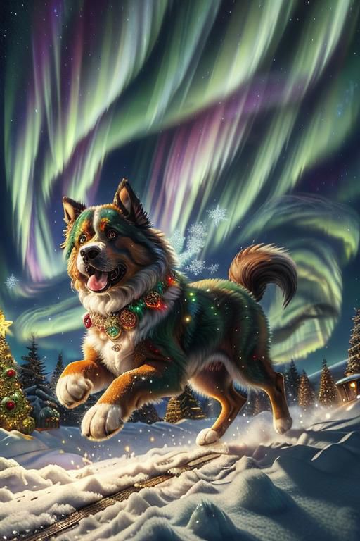 A dog in a Christmas sweater and green fur running through the snow.