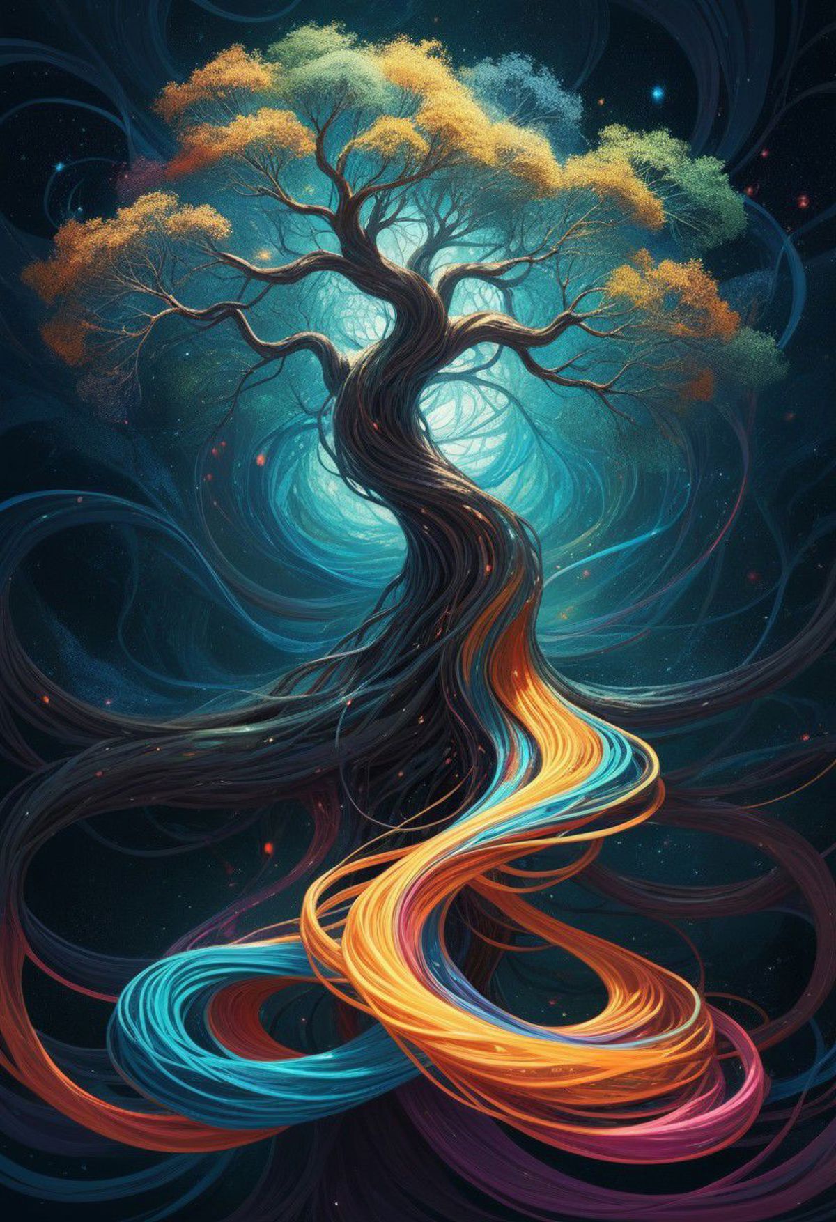 Artistic Painting of a Tree with its Roots and Branches in a Dark Blue Sky
