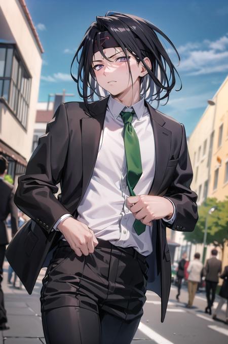 ((masterpiece,best quality, detailed)), outdoors, street, day, 1boy, solo,
envy \(fma\), headband, male focus, suit, black pants, white shirt, black jacket, open jacket, green necktie, serious, dutch angle. looking at viewer