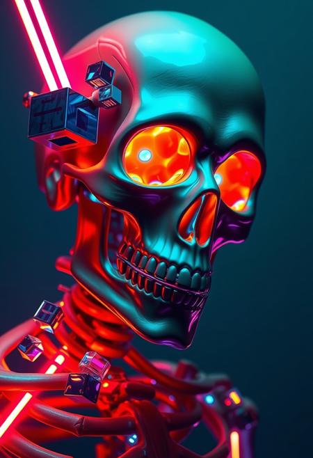 A hyperdetailed, close-up portrait of a skeleton, rendered in a dark, futuristic aesthetic with a strong emphasis on neon and glowing elements. The skeleton exhibits a blend of smooth quality and colored pencil realism, featuring vibrant colors including gold, orange, and various shades of blue that create a dynamic interplay. Numerous reflective, glitched cubes of various sizes and shapes encapsulate and adorn the skeleton's features, reflecting luminous, multicolored light strips and electric blue accents. The lighting is low-key, with strong highlights from the glowing elements creating sharp contrasts. The background is a deep teal blue, providing a stark contrast to the vibrant subject, conforming to the dominant color palette of deep blues, blacks, and purples. All textures focus on smooth, reflective surfaces and shimmering metallic effects, consistent with a polished, digital artwork or high-fidelity 3D render. The overall impression is one of advanced technology and sleek design, with a modern, abstract, and ethereal style, suggesting a liquid or metallic dreamlike quality and a sense of calm and tranquility. The visual style references surrealism, abstract art, and liquid metal digital art, focusing on a reflective and polished aesthetic. <lora:clear:1>, <lora:FF.101.juggernautXL_version6Rundiffusion.LORA:1>, <lora:Hyperdetailed_Colored_Pencil:1>, <lora:SDXLDetailer:1>