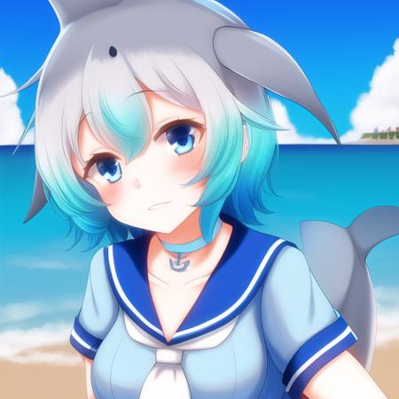 <lora:cbd:0.8>, cbd, solo, 1girl, blue hair, blue eyes, short sleeves, short hair, grey hair, sailor collar, light blue frilled sailor dress, dolphin tail, dorsal fin, blowhole, neckerchief, japari symbol, gradient hair, hair between eyes, bangs, head fins, dolphin girl, choker, collarbone, anchor symbol, detailed shading, detailed ambient light