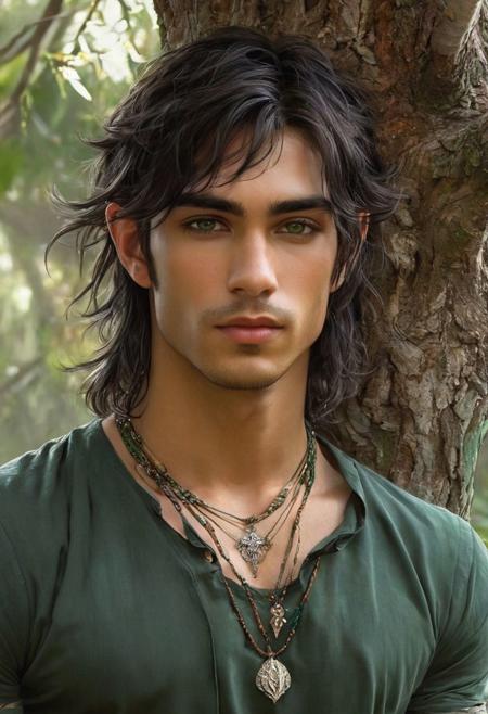 Hyper-realistic digital painting of a beautiful elven man, 
dark green eyes, 
messy shoulder-length hair, 
pointed ears, 
leaning against a tree, 
finely detailed necklace and bracelets, 
tattoos, 
in a surreal and fantastic setting, 
combining the artistic styles of Jose Royo, 
Boris Vallejo, 
Julie Bell, 
Carne Griffiths, 
and Brian Froud, 
precise anatomy, 
with a centered symmetrical composition, 
volumetric lighting, 
rays, 
vivid colors reflects