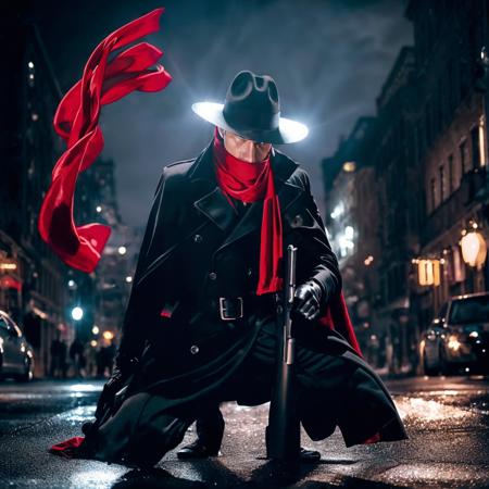 1boy, hat, holding weapon handgun revolver, dual wielding, scarf, mask, fedora, trench coat, red scarf, cape, black gloves