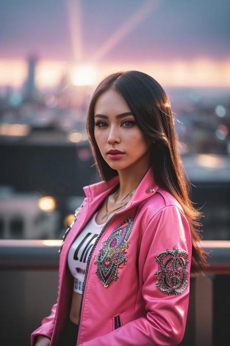 DV_Ella_Vicious(Art Photography, Award Winning) (an vibrant image of a woman in a pink neon jacket standing somewhere, cityscape, hyper-realistic details, , Fujifilm X-T4, Sony FE 85mm f/1. 4 GM --q 2 --s 750 --ar 3:4 --style raw --v 5. 1 --q 2 --s 750 --style raw)((Photo Focus, DOF, Aperture, insanely detailed and intricate, character, hypermaximalist, beautiful, revealing, appealing, attractive, amative, hyper realistic, super detailed, heresy flares))(DOF, blurry background, sunset)(Lens Flare, Heresy flare and god rays:1.3)