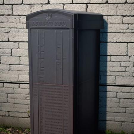 a brick wall, no humans, overflowing trashcan, telephone box,
