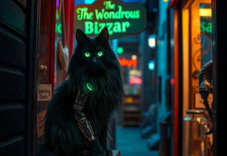 Highly detailed, 4k. A mystical long haired black cat with glowing neon green eyes with and ethereal glow that has cybernetic prosthetic limbs . Located in a back ally with lights in rich blues, teals, and purples, suggesting a mysterious environment creating a dreamlike, ethereal atmosphere. Off in the distance the cat sits in a shop window that has sign above the shops door that reads " The Wondrous Bizzar" On the door hangs a sign that reads " Opening Soon". The cat’s bright, piercing eyes draw attention to the shop that's off in the distance. Beside  the bottom of the shop door is a clear jar that has "buzz" written on it. The Shop seems to be filled with strange prosthetic parts that appear to be otherworldly.