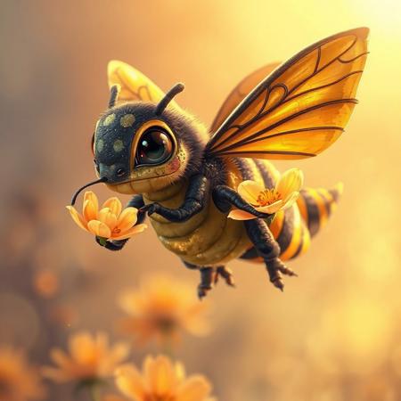 In this vibrant, highly detailed digital painting, a charming dragon-bee hybrid hovers gracefully in mid-flight. Its plump body, a delightful blend of dragon and bee, is adorned with soft, velvety scales in bold black and yellow stripes that shimmer beautifully in the light. The creature’s oversized eyes, sparkling with intelligence and a playful hint of mischief, captivate the viewer, while its tiny proboscis curls adorably as it sips nectar from a glowing flower with petals mirroring the iridescence of its scales. Its wings, a stunning fusion of dragon grandeur and bee-like translucency, flutter softly with a gentle hum, casting a warm golden glow. The hybrid’s legs—cute, miniature talons wrapped in fluffy fuzz—dangle playfully, dusted with golden pollen that adds to its whimsical charm. The background fades into a dreamy blur of warm, pastel tones, with soft bokeh suggesting distant flowers. Bathed in the tender glow of golden hour light, the scene highlights every enchanting detail, creating a fantasy-inspired yet heartwarming portrayal of this adorable creature.